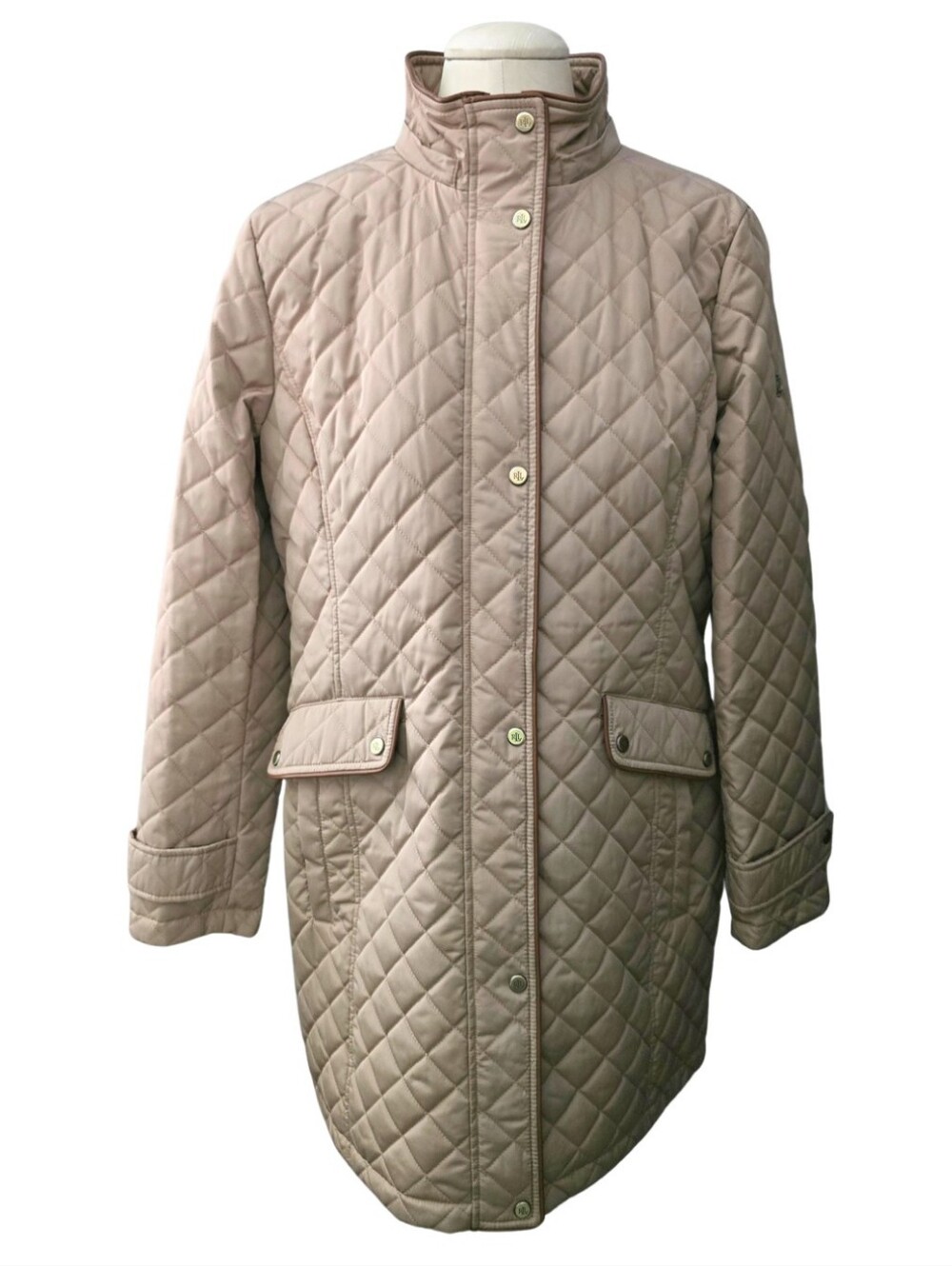 Lauren Ralph Lauren Diamond Quilted Riding Jacket Taupe Long Coat Women’s Large